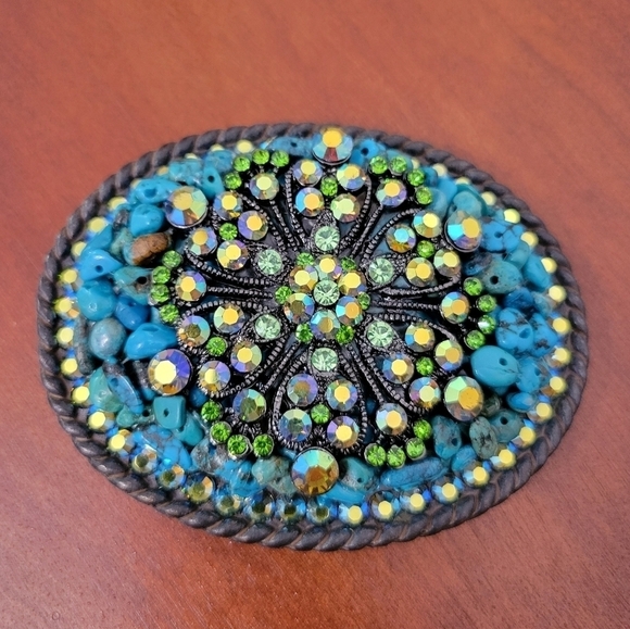 Whimsical Originals Rhinestone and Turquoise Belt Buckle Artisan Made - Picture 1 of 7